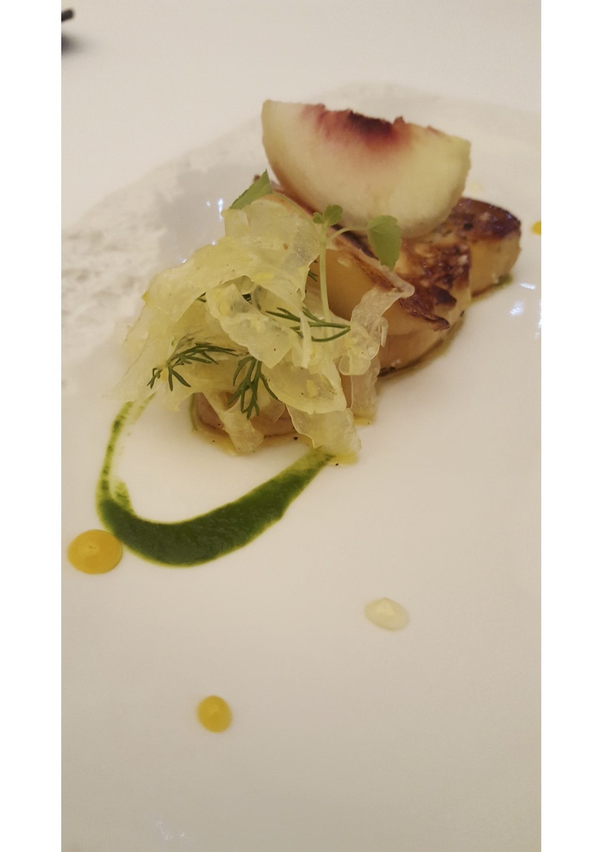 La Maison Décoret/aufildeslieux.fr /foie gras de canard poêlé et poché au St Pourçain avec pêche de vigne et agrumes©K.Hibbs 