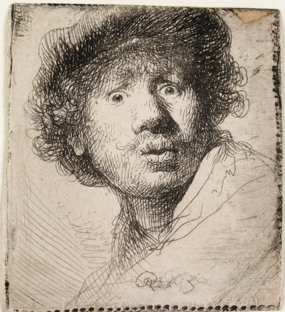  Le jeune Rembrandt et le siècle d’or/aufildeslieux.fr/ AUTOPORTRAIT AU BONNET, BOUCHE BÉE 1630, Rembrandt. Ashmolean Museum, Université d'Oxford