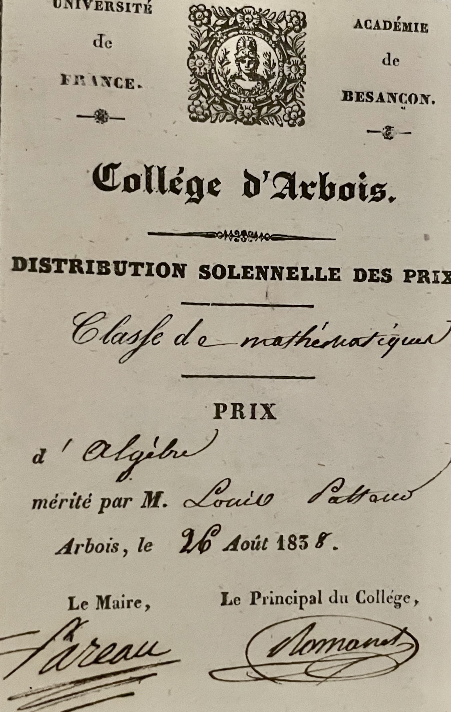 Arbois, dans les pas de Louis Pasteur/www.aufildeslieux.fr/Prix de Mathématiques et d'Algèbre décerné à l'élève Louis Pasteur-Photo© K.HIBBS