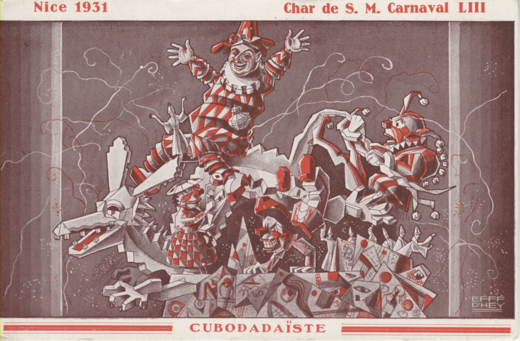 Le Carnaval des retrouvailles à Nice/ aufildeslieux.fr/ Nice 1931/Char de S.M Carnaval LIII/cubodadaïste-Gimello © Archives de Nice